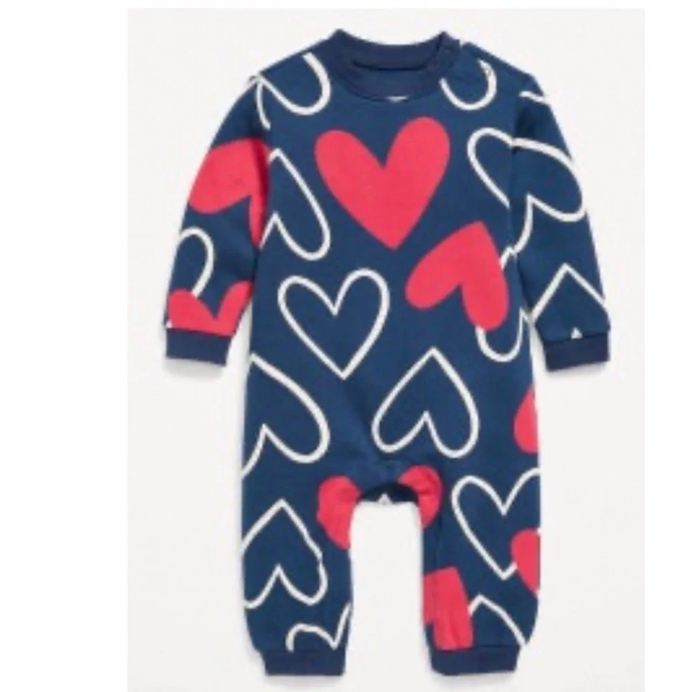 Old Navy Baby Navy Blue Heart Print Fleece Sweatshirt Jumpsuit 18-24M NWT